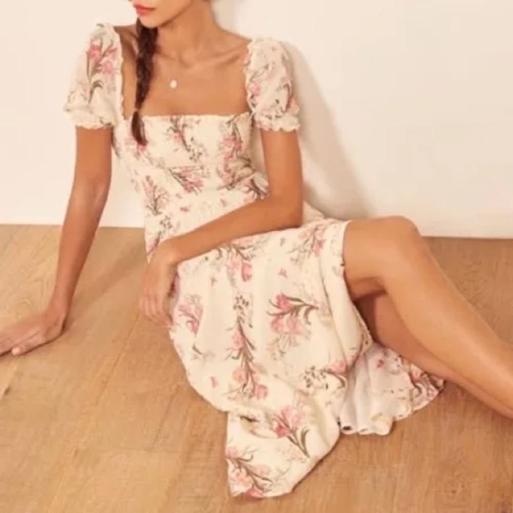 Reformation Leila Inka Floral Midi Dress Smocked Slit *Spot Large